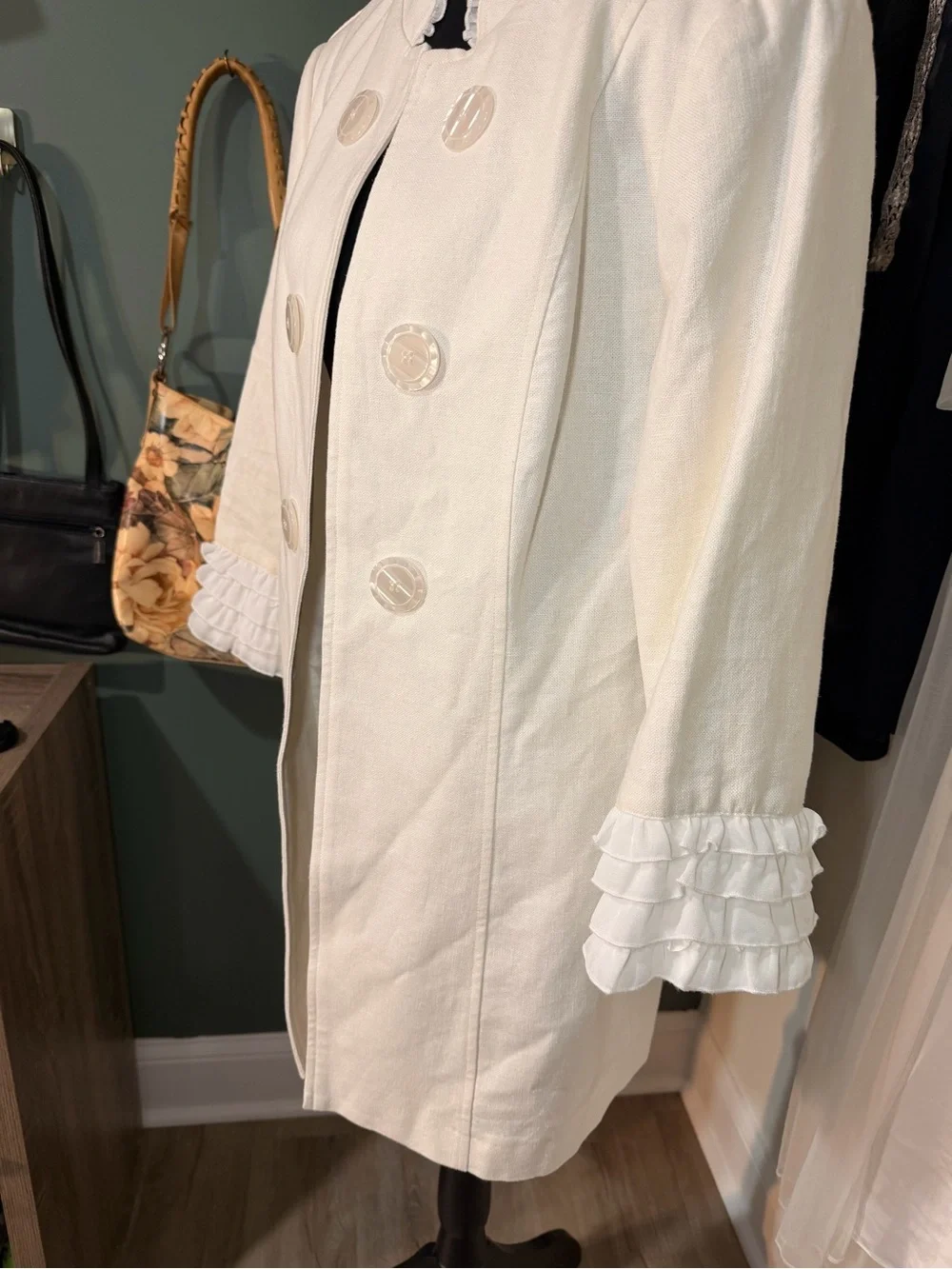 Women’s Linen Cream Double-Breasted Ruffle Cuff Coat Size M Boho Cottagecore
